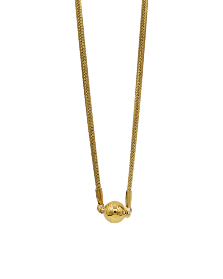 Gold necklace in herringbone design showing magnetic clip